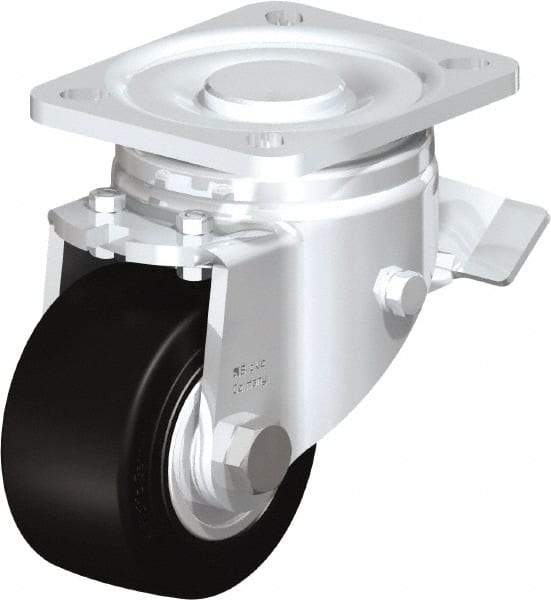 Blickle - 3" Diam x 1-49/64" Wide x 4-23/32" OAH Top Plate Mount Swivel Caster with Brake - Solid Rubber, 440 Lb Capacity, Ball Bearing, 3-15/16 x 3-3/8" Plate - Apex Tool & Supply