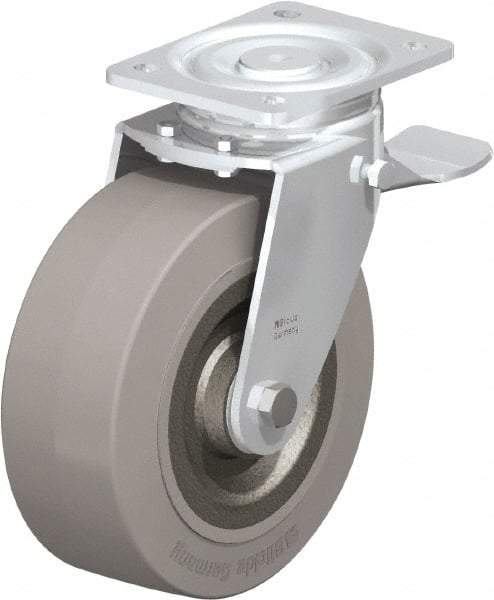 Blickle - 8" Diam x 3-9/64" Wide x 9-41/64" OAH Top Plate Mount Swivel Caster with Brake - Solid Rubber, 1,870 Lb Capacity, Ball Bearing, 5-1/2 x 4-3/8" Plate - Apex Tool & Supply
