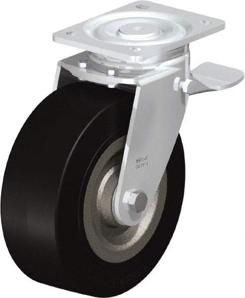 Blickle - 8" Diam x 3-9/64" Wide x 9-41/64" OAH Top Plate Mount Swivel Caster with Brake - Solid Rubber, 1,870 Lb Capacity, Ball Bearing, 5-1/2 x 4-3/8" Plate - Apex Tool & Supply