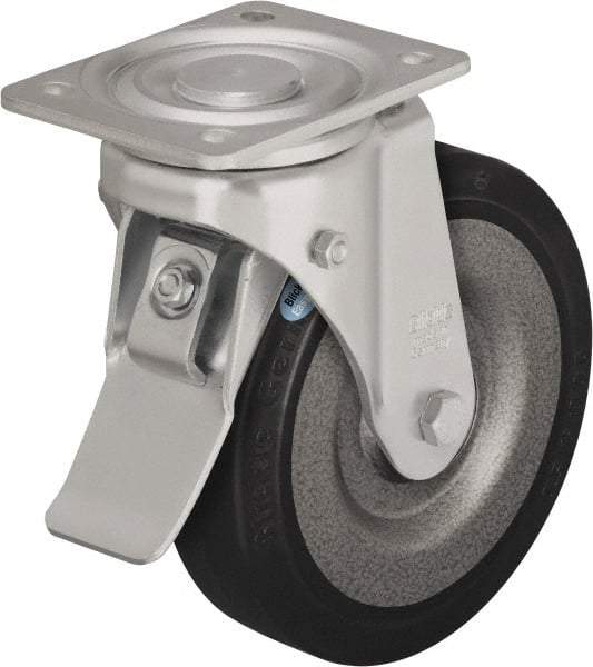 Blickle - 8" Diam x 1-31/32" Wide x 9-41/64" OAH Top Plate Mount Swivel Caster with Brake - Solid Rubber, 1,320 Lb Capacity, Ball Bearing, 5-1/2 x 4-3/8" Plate - Apex Tool & Supply