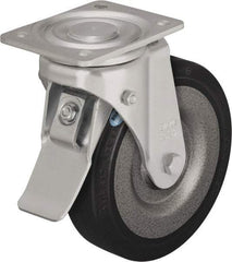 Blickle - 6-1/2" Diam x 1-31/32" Wide x 7-61/64" OAH Top Plate Mount Swivel Caster with Brake - Solid Rubber, 990 Lb Capacity, Ball Bearing, 5-1/2 x 4-3/8" Plate - Apex Tool & Supply
