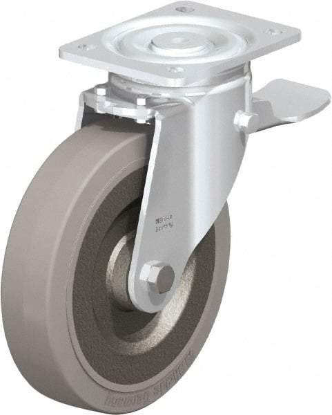 Blickle - 8" Diam x 1-31/32" Wide x 9-41/64" OAH Top Plate Mount Swivel Caster with Brake - Solid Rubber, 1,320 Lb Capacity, Ball Bearing, 5-1/2 x 4-3/8" Plate - Apex Tool & Supply