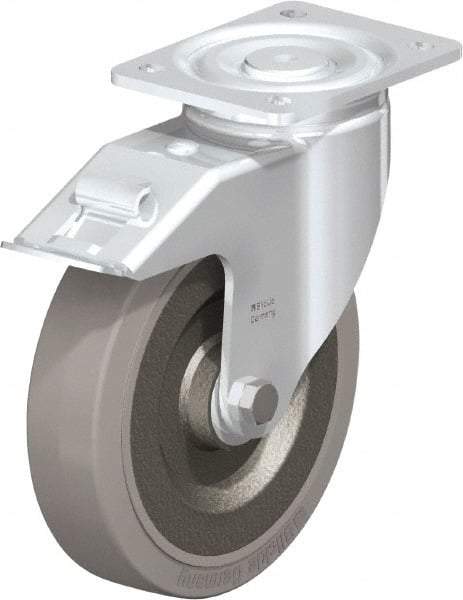 Blickle - 8" Diam x 1-31/32" Wide x 9-41/64" OAH Top Plate Mount Swivel Caster with Brake - Solid Rubber, 1,320 Lb Capacity, Ball Bearing, 5-1/2 x 4-3/8" Plate - Apex Tool & Supply