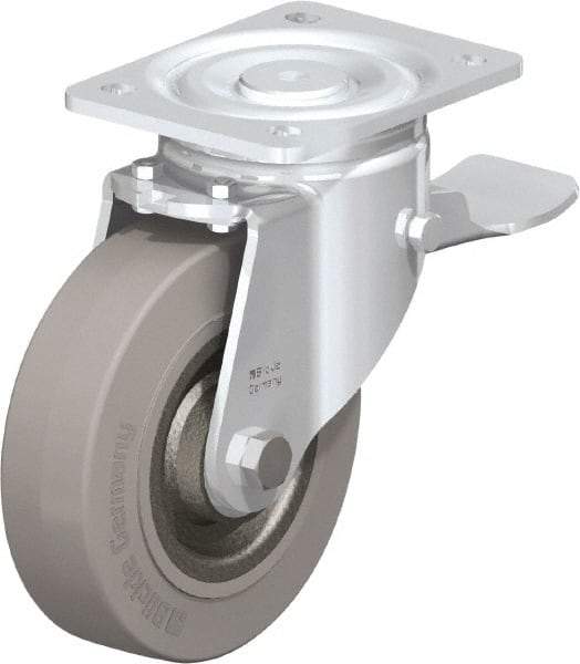 Blickle - 6-1/2" Diam x 1-31/32" Wide x 7-61/64" OAH Top Plate Mount Swivel Caster with Brake - Solid Rubber, 990 Lb Capacity, Ball Bearing, 5-1/2 x 4-3/8" Plate - Apex Tool & Supply