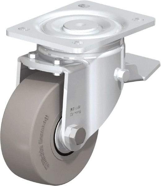 Blickle - 5" Diam x 1-31/32" Wide x 6-11/16" OAH Top Plate Mount Swivel Caster with Brake - Solid Rubber, 704 Lb Capacity, Ball Bearing, 5-1/2 x 4-3/8" Plate - Apex Tool & Supply