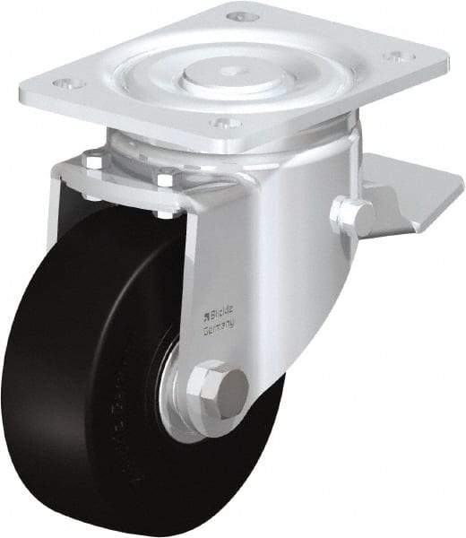 Blickle - 5" Diam x 1-31/32" Wide x 6-11/16" OAH Top Plate Mount Swivel Caster with Brake - Solid Rubber, 704 Lb Capacity, Ball Bearing, 5-1/2 x 4-3/8" Plate - Apex Tool & Supply