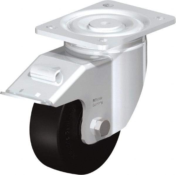 Blickle - 5" Diam x 1-31/32" Wide x 6-11/16" OAH Top Plate Mount Swivel Caster with Brake - Solid Rubber, 704 Lb Capacity, Ball Bearing, 5-1/2 x 4-3/8" Plate - Apex Tool & Supply