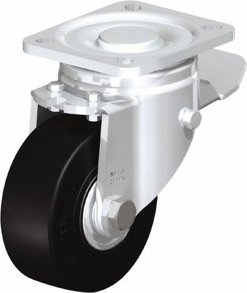 Blickle - 4" Diam x 1-49/64" Wide x 5-33/64" OAH Top Plate Mount Swivel Caster with Brake - Solid Rubber, 594 Lb Capacity, Ball Bearing, 3-15/16 x 3-3/8" Plate - Apex Tool & Supply