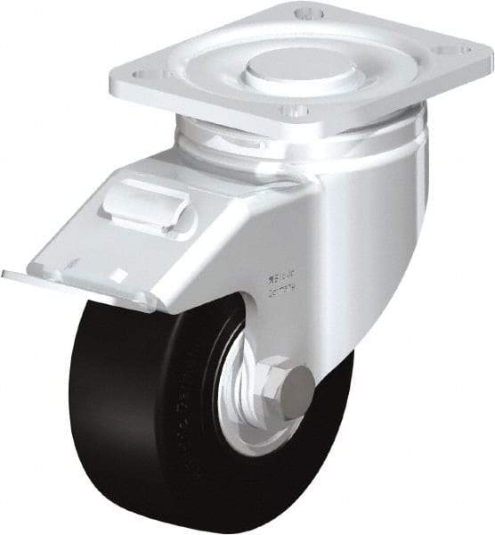 Blickle - 4" Diam x 1-49/64" Wide x 5-33/64" OAH Top Plate Mount Swivel Caster with Brake - Solid Rubber, 594 Lb Capacity, Ball Bearing, 3-15/16 x 3-3/8" Plate - Apex Tool & Supply