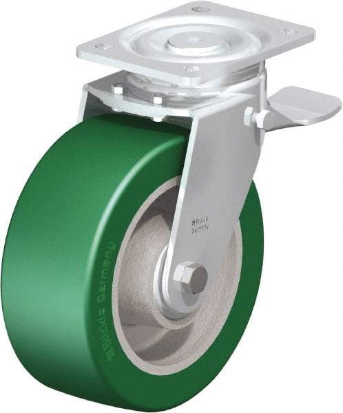 Blickle - 8" Diam x 3-9/64" Wide x 9-41/64" OAH Top Plate Mount Swivel Caster with Brake - Polyurethane-Elastomer Blickle Softhane, 1,760 Lb Capacity, Ball Bearing, 5-1/2 x 4-3/8" Plate - Apex Tool & Supply