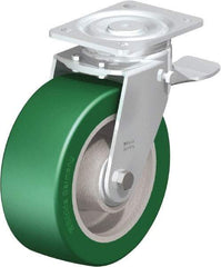 Blickle - 8" Diam x 3-9/64" Wide x 9-41/64" OAH Top Plate Mount Swivel Caster with Brake - Polyurethane-Elastomer Blickle Softhane, 1,760 Lb Capacity, Ball Bearing, 5-1/2 x 4-3/8" Plate - Apex Tool & Supply