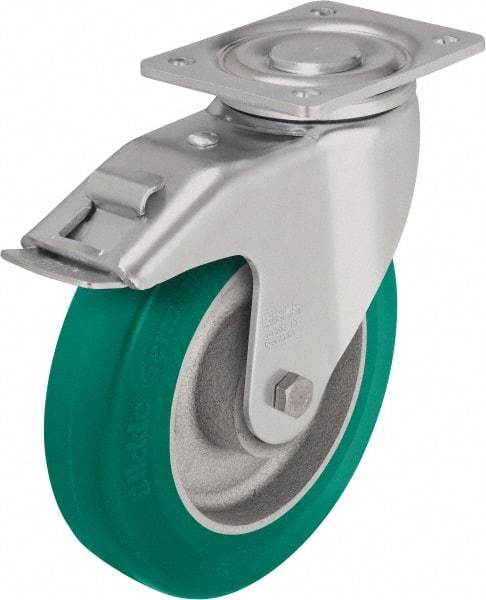 Blickle - 6-1/2" Diam x 1-31/32" Wide x 7-61/64" OAH Top Plate Mount Swivel Caster with Brake - Polyurethane-Elastomer Blickle Softhane, 1,320 Lb Capacity, Ball Bearing, 5-1/2 x 4-3/8" Plate - Apex Tool & Supply