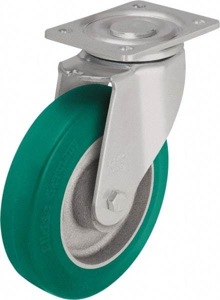 Blickle - 6" Diam x 1-31/32" Wide x 7-3/4" OAH Top Plate Mount Swivel Caster - Polyurethane-Elastomer Blickle Softhane, 1,210 Lb Capacity, Ball Bearing, 5-1/2 x 4-3/8" Plate - Apex Tool & Supply