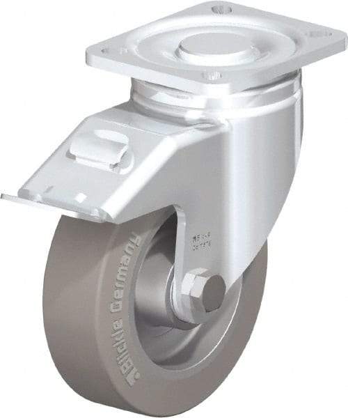 Blickle - 5" Diam x 1-9/16" Wide x 6-1/2" OAH Top Plate Mount Swivel Caster with Brake - Solid Rubber, 550 Lb Capacity, Ball Bearing, 3-15/16 x 3-3/8" Plate - Apex Tool & Supply
