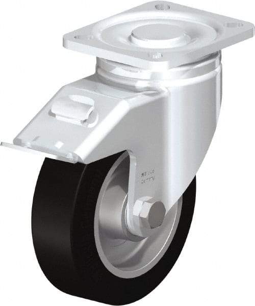 Blickle - 5" Diam x 1-9/16" Wide x 6-1/2" OAH Top Plate Mount Swivel Caster with Brake - Solid Rubber, 550 Lb Capacity, Ball Bearing, 3-15/16 x 3-3/8" Plate - Apex Tool & Supply