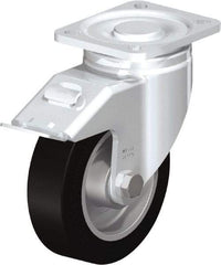 Blickle - 5" Diam x 1-9/16" Wide x 6-1/2" OAH Top Plate Mount Swivel Caster with Brake - Solid Rubber, 550 Lb Capacity, Ball Bearing, 3-15/16 x 3-3/8" Plate - Apex Tool & Supply