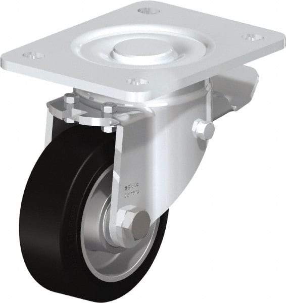 Blickle - 4" Diam x 1-9/16" Wide x 5-33/64" OAH Top Plate Mount Swivel Caster with Brake - Solid Rubber, 440 Lb Capacity, Ball Bearing, 5-1/2 x 4-3/8" Plate - Apex Tool & Supply