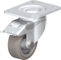 Blickle - 4" Diam x 1-9/16" Wide x 5-33/64" OAH Top Plate Mount Swivel Caster with Brake - Solid Rubber, 440 Lb Capacity, Ball Bearing, 5-1/2 x 4-3/8" Plate - Apex Tool & Supply