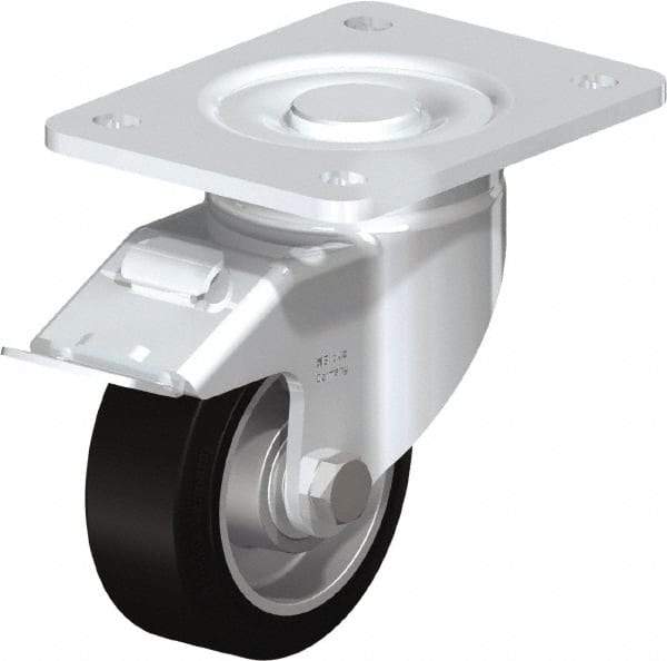 Blickle - 4" Diam x 1-9/16" Wide x 5-33/64" OAH Top Plate Mount Swivel Caster with Brake - Solid Rubber, 440 Lb Capacity, Ball Bearing, 5-1/2 x 4-3/8" Plate - Apex Tool & Supply