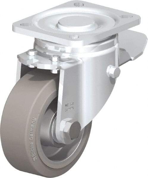 Blickle - 4" Diam x 1-9/16" Wide x 5-33/64" OAH Top Plate Mount Swivel Caster with Brake - Solid Rubber, 440 Lb Capacity, Ball Bearing, 3-15/16 x 3-3/8" Plate - Apex Tool & Supply