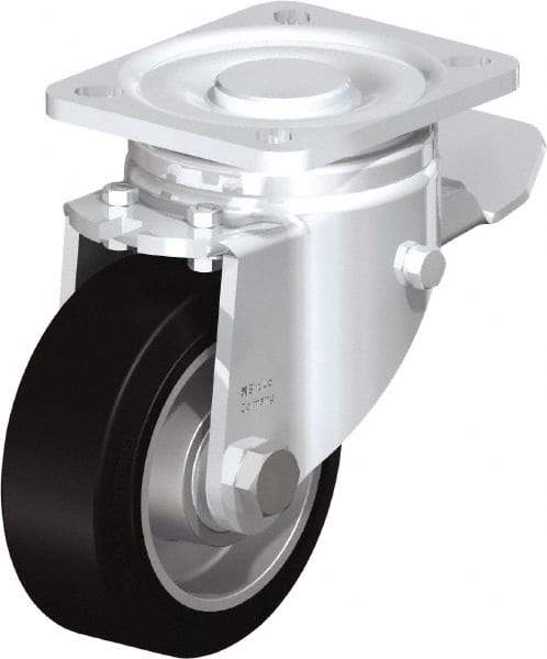 Blickle - 4" Diam x 1-9/16" Wide x 5-33/64" OAH Top Plate Mount Swivel Caster with Brake - Solid Rubber, 440 Lb Capacity, Ball Bearing, 3-15/16 x 3-3/8" Plate - Apex Tool & Supply