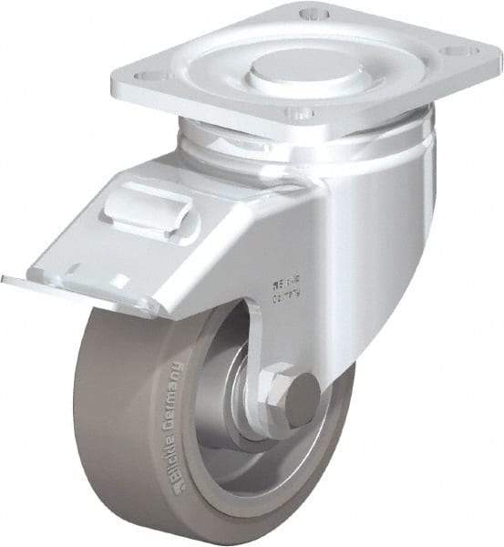 Blickle - 4" Diam x 1-9/16" Wide x 5-33/64" OAH Top Plate Mount Swivel Caster with Brake - Solid Rubber, 440 Lb Capacity, Ball Bearing, 3-15/16 x 3-3/8" Plate - Apex Tool & Supply