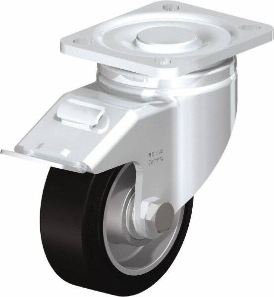 Blickle - 4" Diam x 1-9/16" Wide x 5-33/64" OAH Top Plate Mount Swivel Caster with Brake - Solid Rubber, 440 Lb Capacity, Ball Bearing, 3-15/16 x 3-3/8" Plate - Apex Tool & Supply
