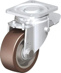 Blickle - 4" Diam x 1-37/64" Wide x 5-33/64" OAH Top Plate Mount Swivel Caster with Brake - Polyurethane-Elastomer Blickle Softhane, 880 Lb Capacity, Ball Bearing, 3-15/16 x 3-3/8" Plate - Apex Tool & Supply