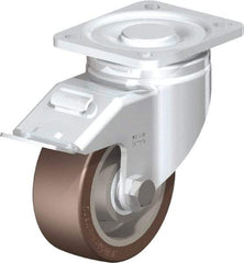 Blickle - 4" Diam x 1-37/64" Wide x 5-33/64" OAH Top Plate Mount Swivel Caster with Brake - Polyurethane-Elastomer Blickle Softhane, 880 Lb Capacity, Ball Bearing, 3-15/16 x 3-3/8" Plate - Apex Tool & Supply