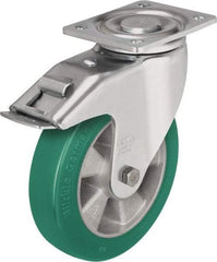 Blickle - 8" Diam x 2" Wide x 9-21/32" OAH Top Plate Mount Swivel Caster with Brake - Polyurethane-Elastomer Blickle Softhane, 1,540 Lb Capacity, Ball Bearing, 5-1/2 x 4-3/8" Plate - Apex Tool & Supply