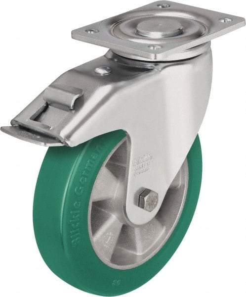 Blickle - 5" Diam x 2-1/8" Wide x 6-11/16" OAH Top Plate Mount Swivel Caster with Brake - Polyurethane-Elastomer Blickle Softhane, 990 Lb Capacity, Ball Bearing, 5-1/2 x 4-3/8" Plate - Apex Tool & Supply