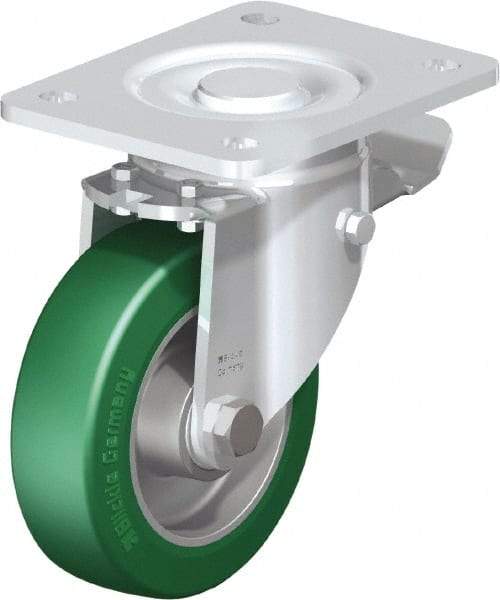 Blickle - 5" Diam x 1-9/16" Wide x 6-1/2" OAH Top Plate Mount Swivel Caster with Brake - Polyurethane-Elastomer Blickle Softhane, 770 Lb Capacity, Ball Bearing, 5-1/2 x 4-3/8" Plate - Apex Tool & Supply