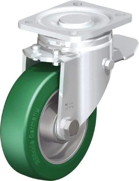 Blickle - 5" Diam x 1-9/16" Wide x 6-1/2" OAH Top Plate Mount Swivel Caster with Brake - Polyurethane-Elastomer Blickle Softhane, 770 Lb Capacity, Ball Bearing, 3-15/16 x 3-3/8" Plate - Apex Tool & Supply