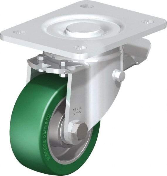 Blickle - 4" Diam x 1-9/16" Wide x 5-33/64" OAH Top Plate Mount Swivel Caster with Brake - Polyurethane-Elastomer Blickle Softhane, 660 Lb Capacity, Ball Bearing, 5-1/2 x 4-3/8" Plate - Apex Tool & Supply