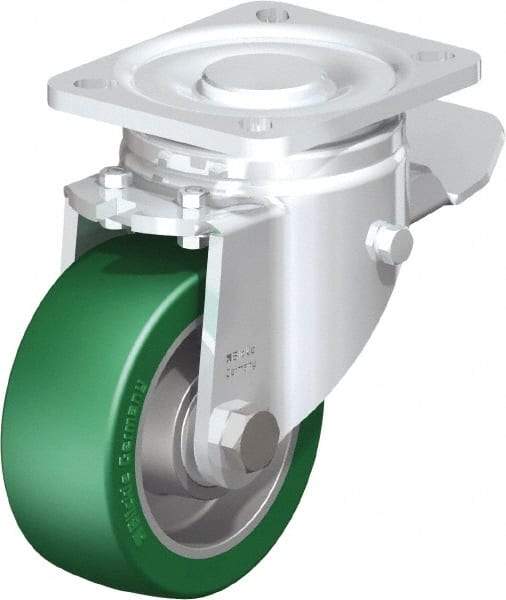 Blickle - 4" Diam x 1-9/16" Wide x 5-33/64" OAH Top Plate Mount Swivel Caster with Brake - Polyurethane-Elastomer Blickle Softhane, 660 Lb Capacity, Ball Bearing, 3-15/16 x 3-3/8" Plate - Apex Tool & Supply