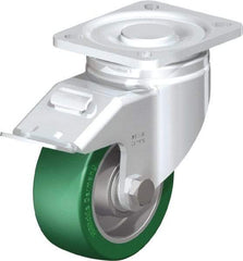 Blickle - 4" Diam x 1-9/16" Wide x 5-33/64" OAH Top Plate Mount Swivel Caster with Brake - Polyurethane-Elastomer Blickle Softhane, 660 Lb Capacity, Ball Bearing, 3-15/16 x 3-3/8" Plate - Apex Tool & Supply