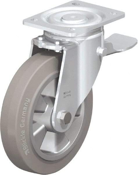 Blickle - 8" Diam x 2" Wide x 9-41/64" OAH Top Plate Mount Swivel Caster with Brake - Solid Rubber, 1,210 Lb Capacity, Ball Bearing, 5-1/2 x 4-3/8" Plate - Apex Tool & Supply