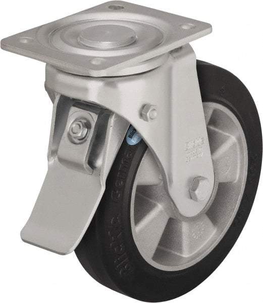 Blickle - 5" Diam x 2" Wide x 6-11/16" OAH Top Plate Mount Swivel Caster with Brake - Solid Rubber, 594 Lb Capacity, Ball Bearing, 5-1/2 x 4-3/8" Plate - Apex Tool & Supply