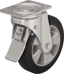 Blickle - 5" Diam x 2" Wide x 6-11/16" OAH Top Plate Mount Swivel Caster with Brake - Solid Rubber, 594 Lb Capacity, Ball Bearing, 5-1/2 x 4-3/8" Plate - Apex Tool & Supply