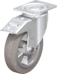Blickle - 8" Diam x 2" Wide x 9-41/64" OAH Top Plate Mount Swivel Caster with Brake - Solid Rubber, 1,210 Lb Capacity, Ball Bearing, 5-1/2 x 4-3/8" Plate - Apex Tool & Supply