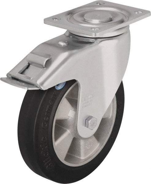 Blickle - 8" Diam x 2" Wide x 9-41/64" OAH Top Plate Mount Swivel Caster with Brake - Solid Rubber, 1,210 Lb Capacity, Ball Bearing, 5-1/2 x 4-3/8" Plate - Apex Tool & Supply