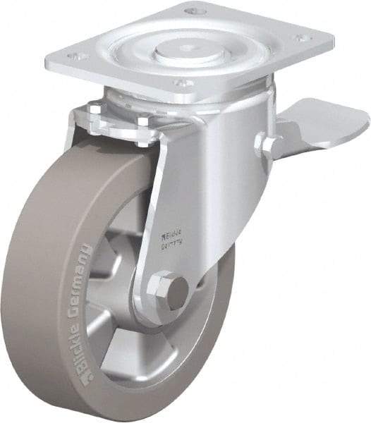 Blickle - 6-1/2" Diam x 2" Wide x 7-61/64" OAH Top Plate Mount Swivel Caster with Brake - Solid Rubber, 880 Lb Capacity, Ball Bearing, 5-1/2 x 4-3/8" Plate - Apex Tool & Supply