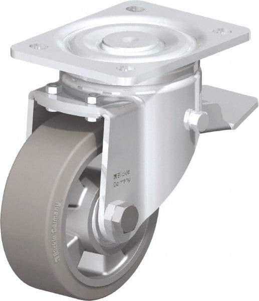 Blickle - 5" Diam x 2" Wide x 6-11/16" OAH Top Plate Mount Swivel Caster with Brake - Solid Rubber, 594 Lb Capacity, Ball Bearing, 5-1/2 x 4-3/8" Plate - Apex Tool & Supply