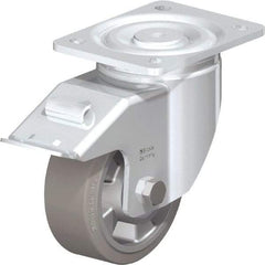 Blickle - 5" Diam x 2" Wide x 6-11/16" OAH Top Plate Mount Swivel Caster with Brake - Solid Rubber, 594 Lb Capacity, Ball Bearing, 5-1/2 x 4-3/8" Plate - Apex Tool & Supply