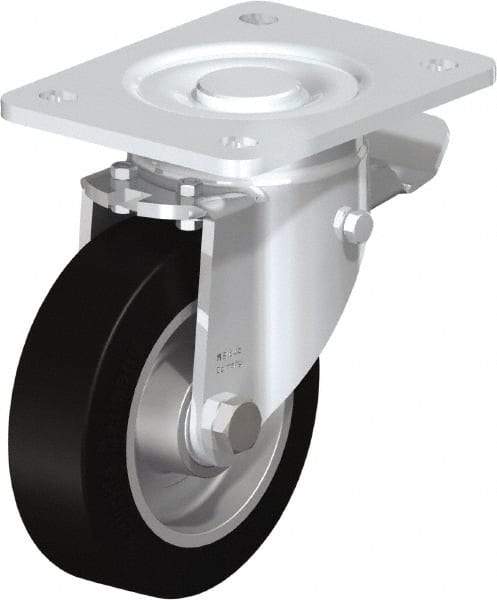 Blickle - 5" Diam x 1-9/16" Wide x 6-1/2" OAH Top Plate Mount Swivel Caster with Brake - Solid Rubber, 550 Lb Capacity, Ball Bearing, 5-1/2 x 4-3/8" Plate - Apex Tool & Supply