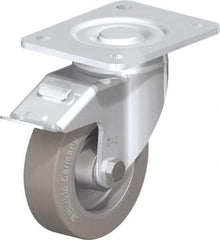 Blickle - 5" Diam x 1-9/16" Wide x 6-1/2" OAH Top Plate Mount Swivel Caster with Brake - Solid Rubber, 550 Lb Capacity, Ball Bearing, 5-1/2 x 4-3/8" Plate - Apex Tool & Supply