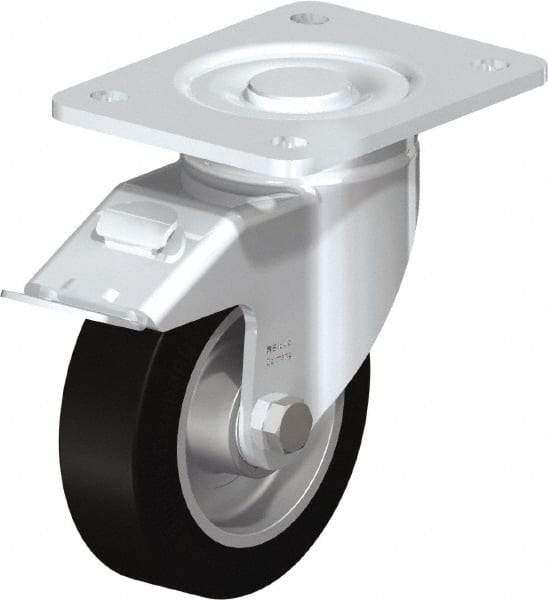 Blickle - 5" Diam x 1-9/16" Wide x 6-1/2" OAH Top Plate Mount Swivel Caster with Brake - Solid Rubber, 550 Lb Capacity, Ball Bearing, 5-1/2 x 4-3/8" Plate - Apex Tool & Supply
