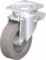 Blickle - 5" Diam x 1-9/16" Wide x 6-1/2" OAH Top Plate Mount Swivel Caster with Brake - Solid Rubber, 550 Lb Capacity, Ball Bearing, 3-15/16 x 3-3/8" Plate - Apex Tool & Supply