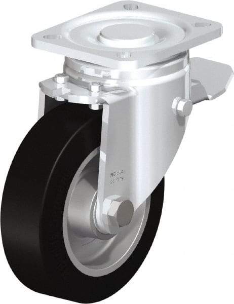 Blickle - 5" Diam x 1-9/16" Wide x 6-1/2" OAH Top Plate Mount Swivel Caster with Brake - Solid Rubber, 550 Lb Capacity, Ball Bearing, 3-15/16 x 3-3/8" Plate - Apex Tool & Supply