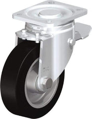 Blickle - 5" Diam x 1-9/16" Wide x 6-1/2" OAH Top Plate Mount Swivel Caster with Brake - Solid Rubber, 550 Lb Capacity, Ball Bearing, 3-15/16 x 3-3/8" Plate - Apex Tool & Supply